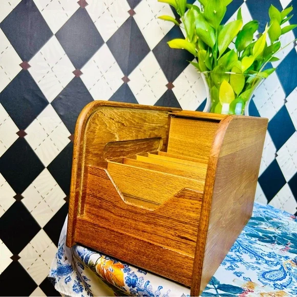 Teak Tambour Door Vintage Desktop Organizer| Recipe Card or Letter Holder - Picture 13 of 17